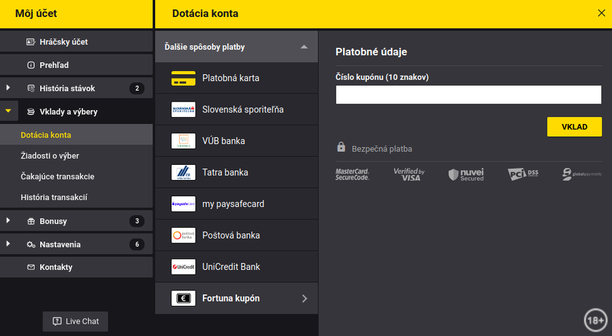 Fortuna online casino dotácia konta Fortuna kupónom