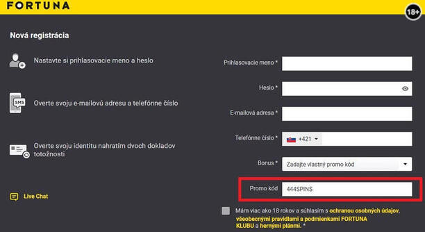 Fortuna registračný formulár