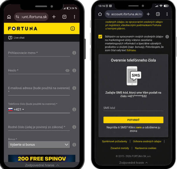Fortuna registrácia prvý krok