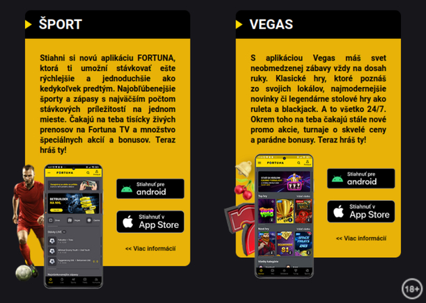Fortuna aplikácie VEGAS a ŠPORT