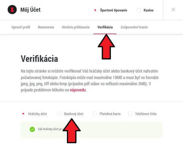 DOXXbet verifikácia bankového účtu
