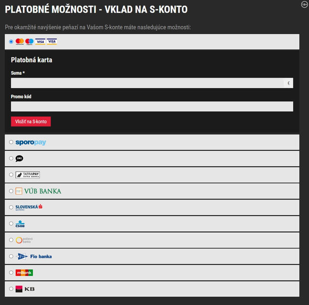 Vklady do SynotTip SK - Prehľad platobných metód