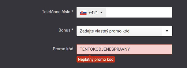 Neplatný promo kód Fortuna