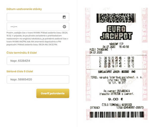 Overenie potvrdenia pre Eurojackpot