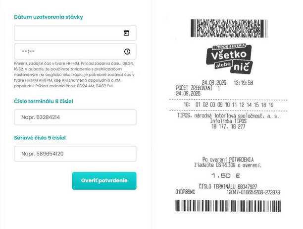 Overenie potvrdenia (tiketu) vo VŠETKO ALEBO NIČ