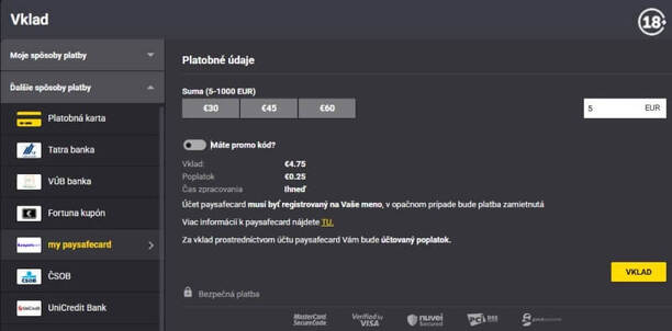 Ako si vložiť peniaze do Fortuny cez Paysafecard