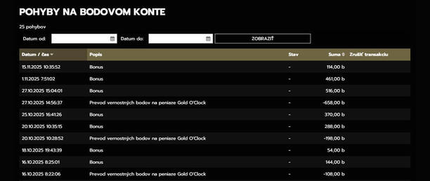 Pohyby na bodovom konte v Slovmaticu